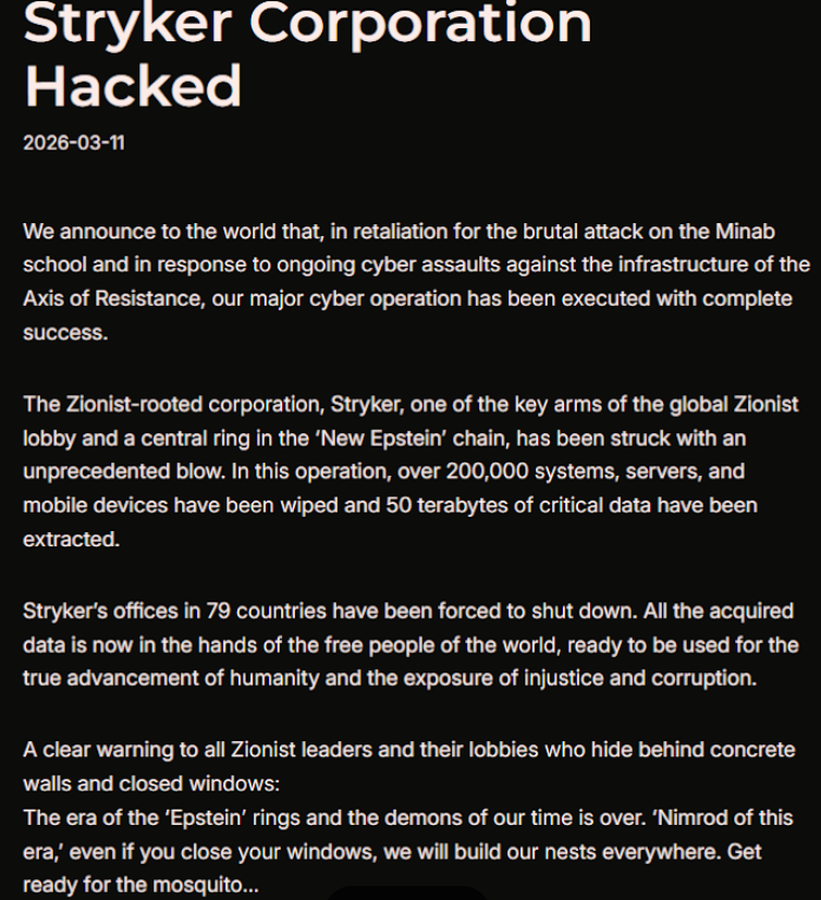 Hackers respaldados por Irán afirman haber realizado un ataque wiper contra la firma de tecnología médica Stryker.